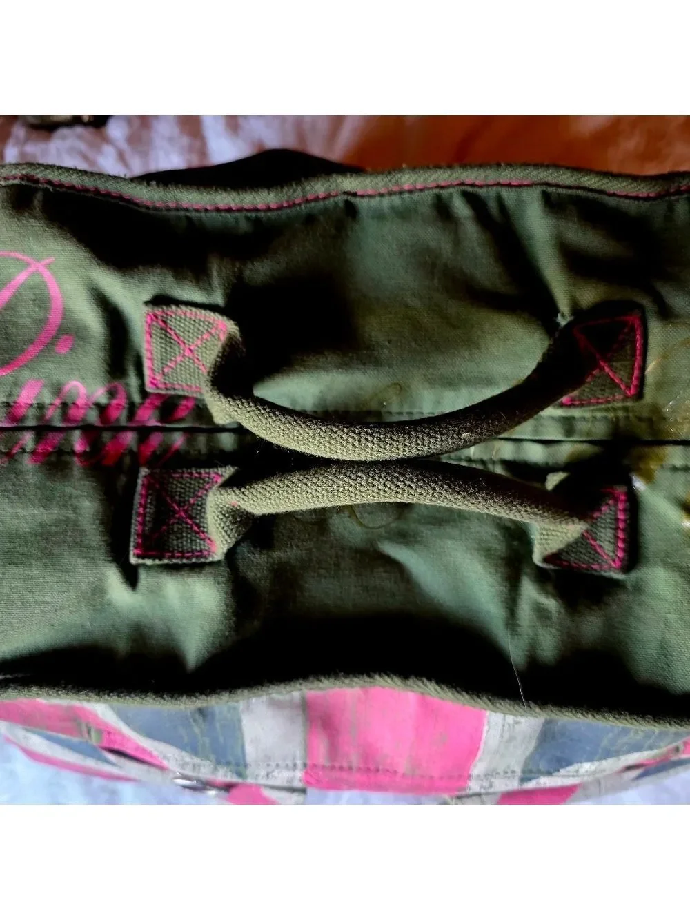 PINK Olive Green and Pink Graphic Weekend Duffel *Rare* - Picture 3 of 13